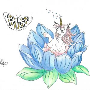 Naissance  d'une licorne dans un nénuphar